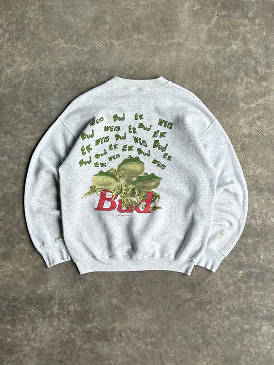 Vintage Grey Budweiser Frog Crew - L